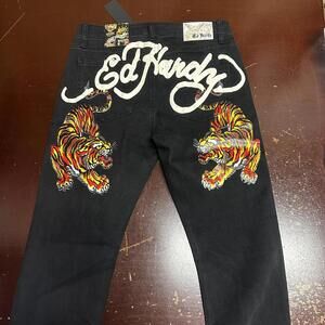 Ed Hardy Mens Black Tattoo 5 Pocket Design Distressed Denim Slim Tapered Jeans